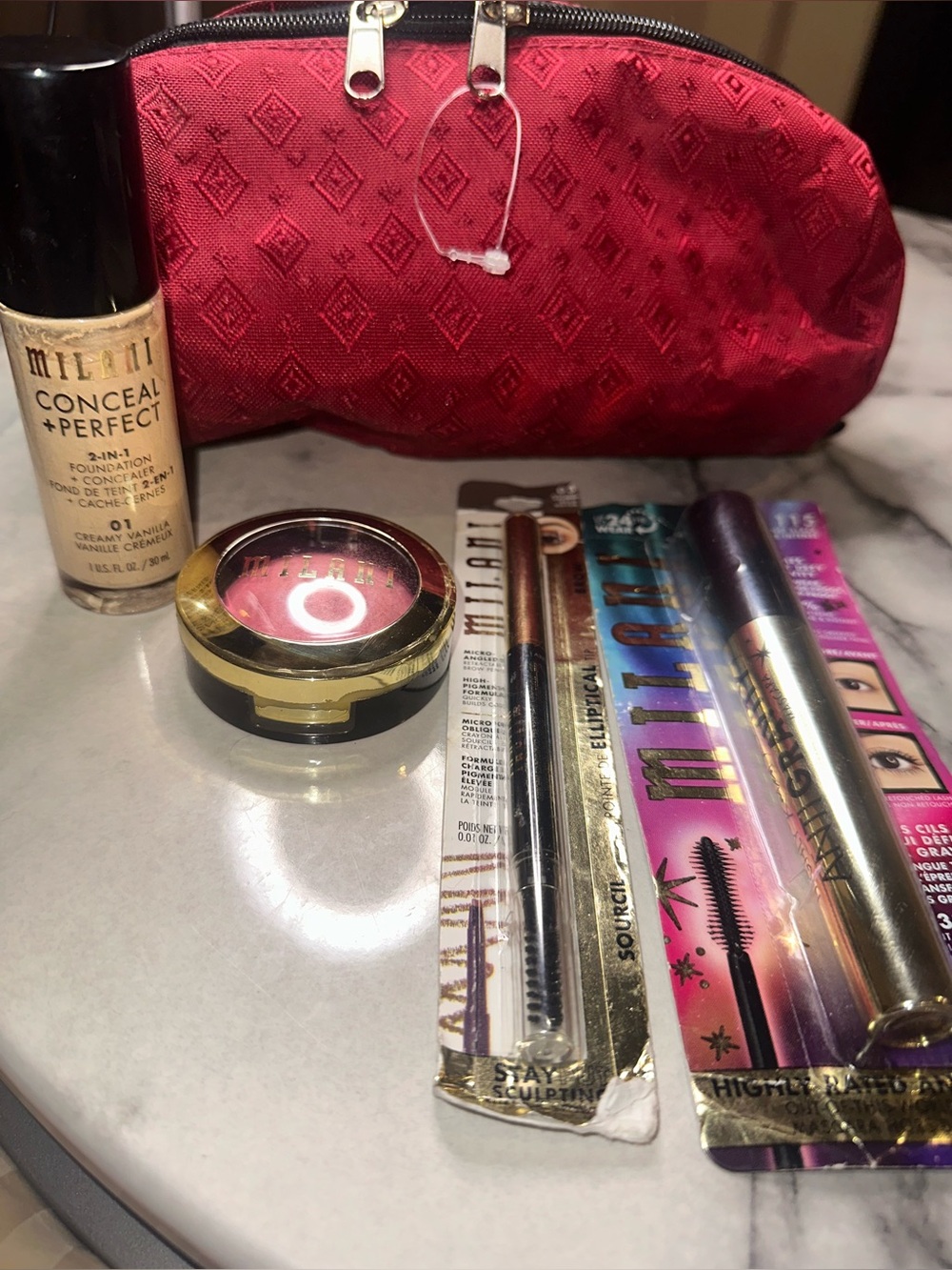Milani Makeup Bundle with Red Cosmetic Bag and Pink Blush